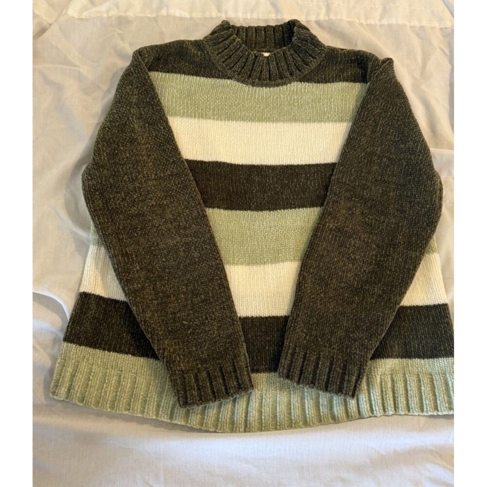 CC Hughes Women’s Large Chenille Striped Mock Neck Sweater Green Cream Vintage